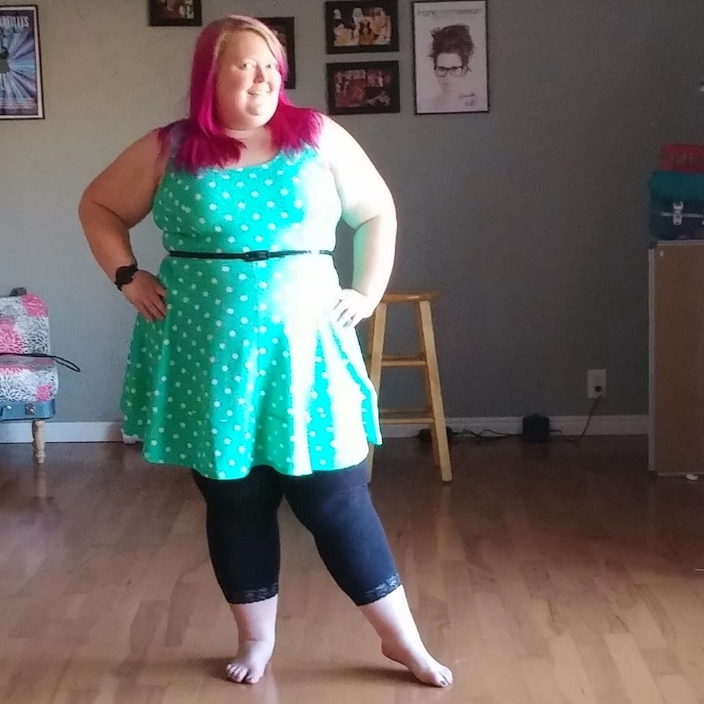 Green white polkadot fit-and-flare dress